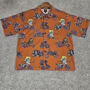 Brain Dead Shirt Mens Large Orange Button Up AOP Clowns Moto Skater Grunge